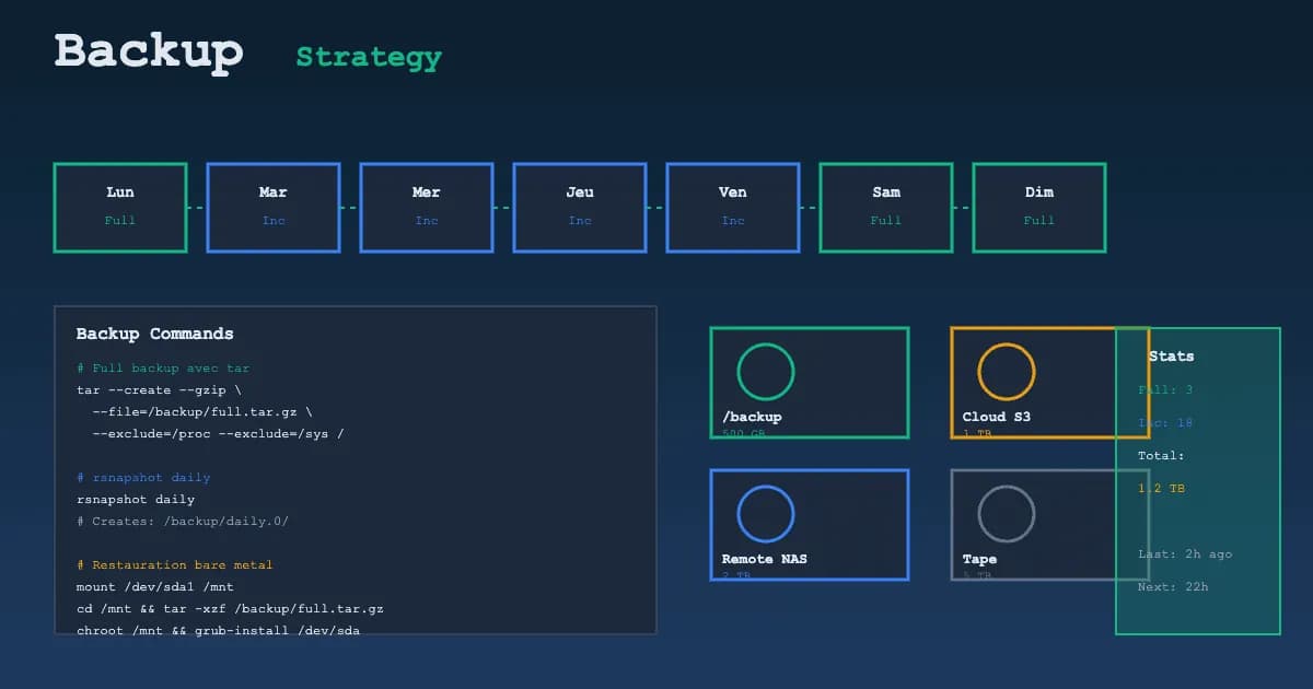 Backup système Linux : rsnapshot, tar incrémental et restauration bare metal