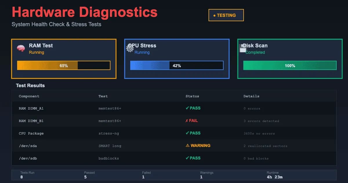 Diagnostiquer pannes hardware : memtest86, stress-ng, badblocks et analyse logs kernel