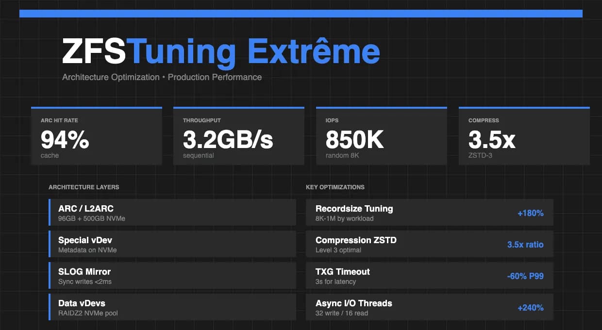 ZFS Tuning Extrême : optimisation avancée pour production haute performance
