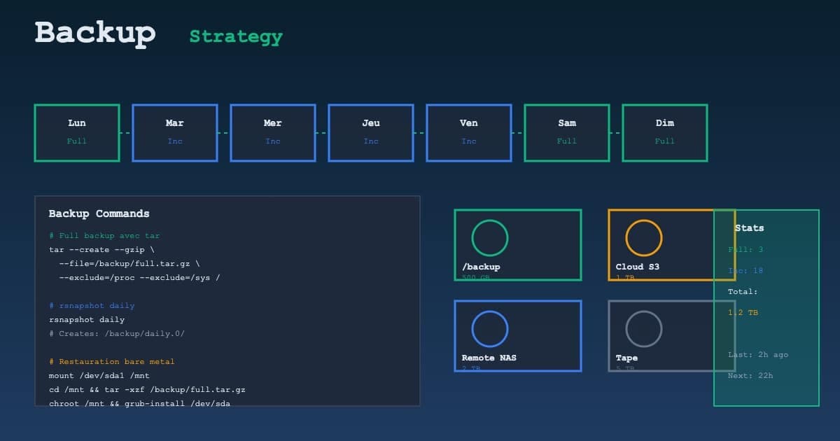 Backup système Linux : rsnapshot, tar incrémental et restauration bare metal