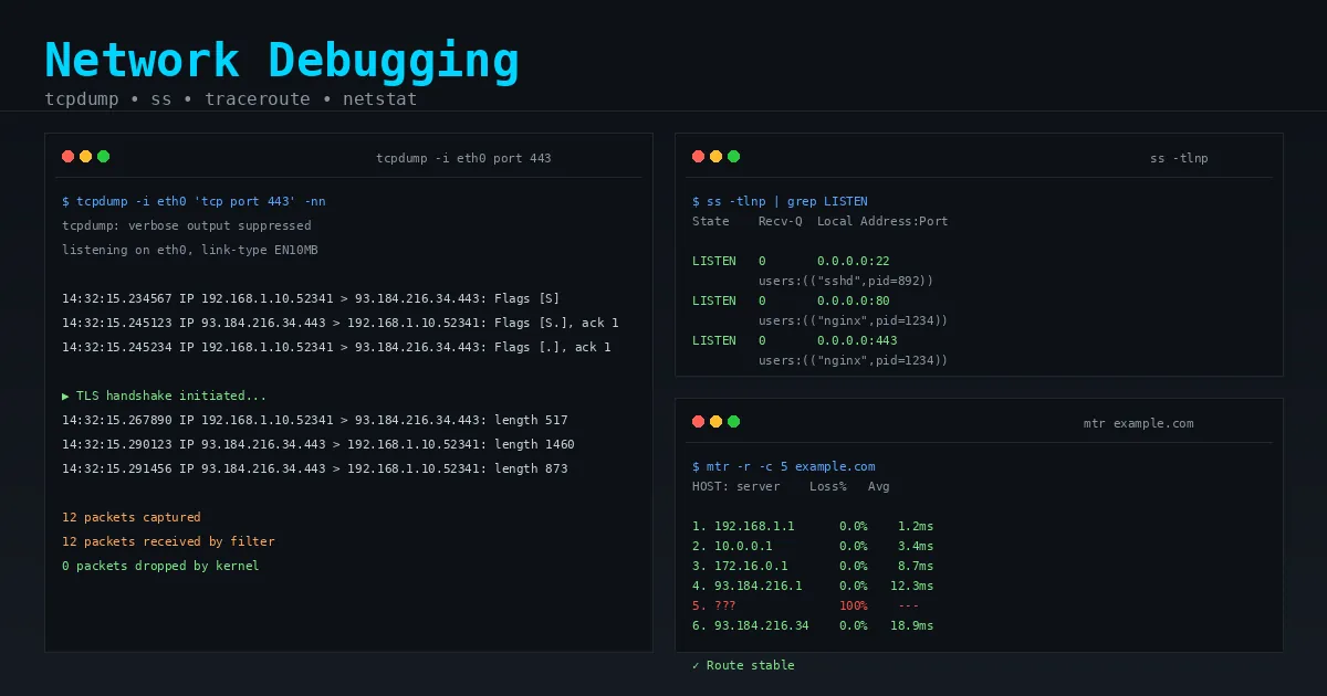 Network Debug Panel Dépannage réseau Linux : tcpdump, ss, netstat et traceroute | SHPV